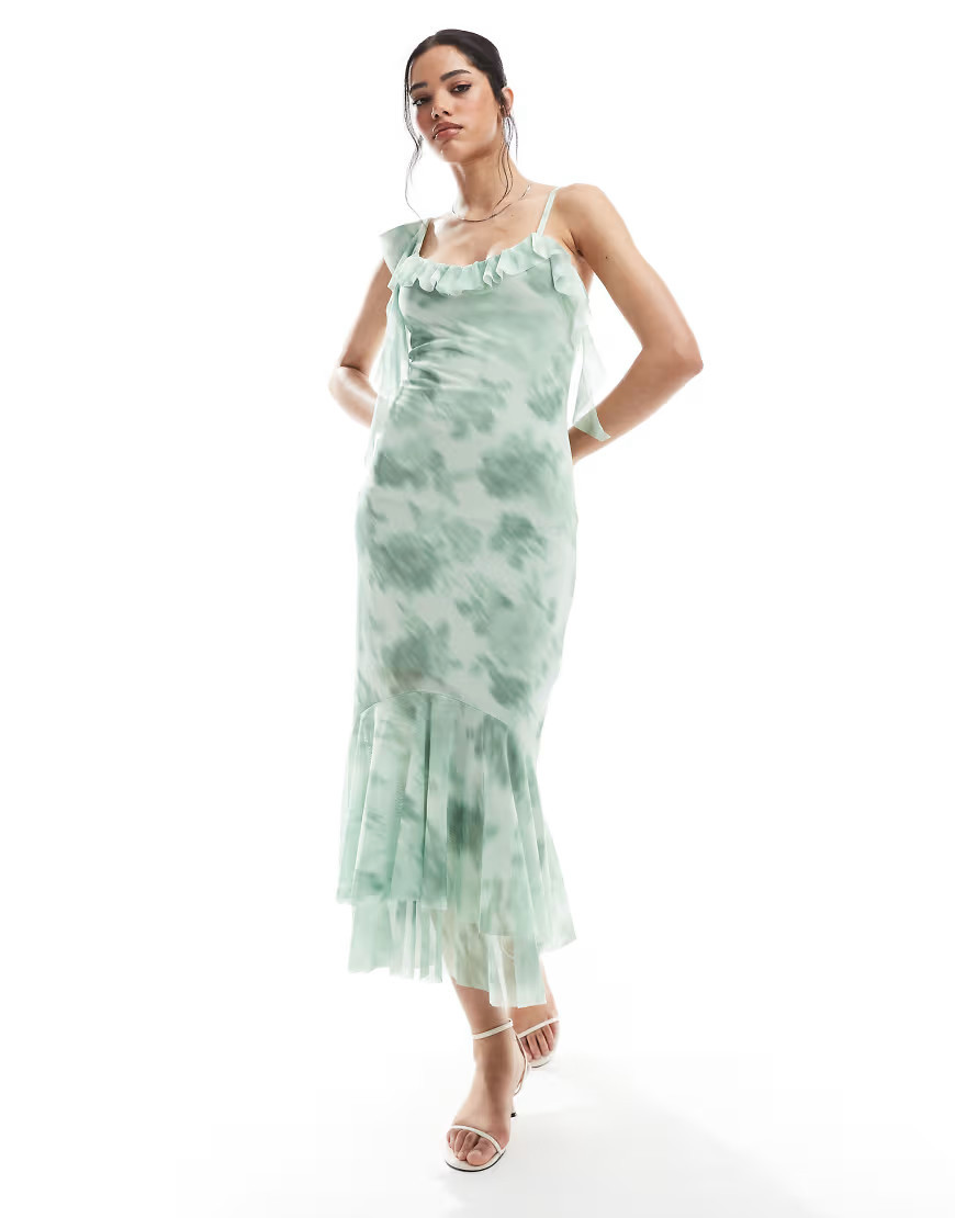 New Look asymmetric midi dress in green floral | ASOS (Global)