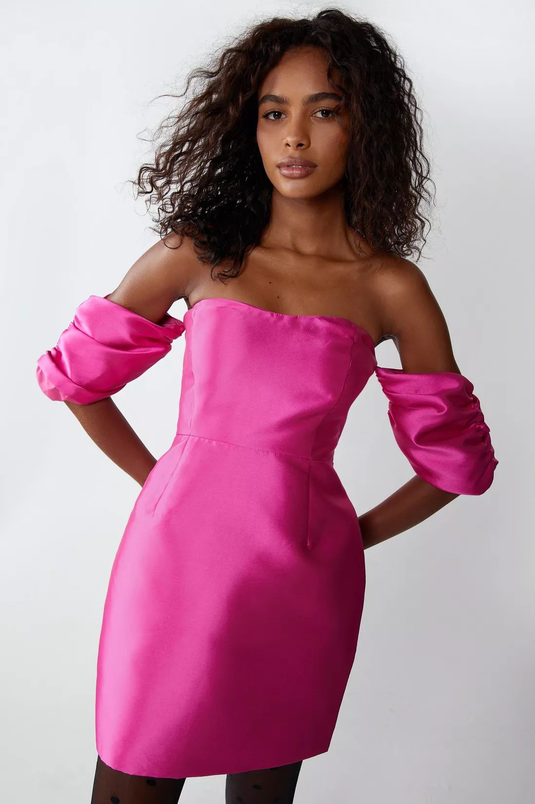 Dresses | Satin Twill Bardot Puff Sleeve Mini Dress | Warehouse | Warehouse UK & IE