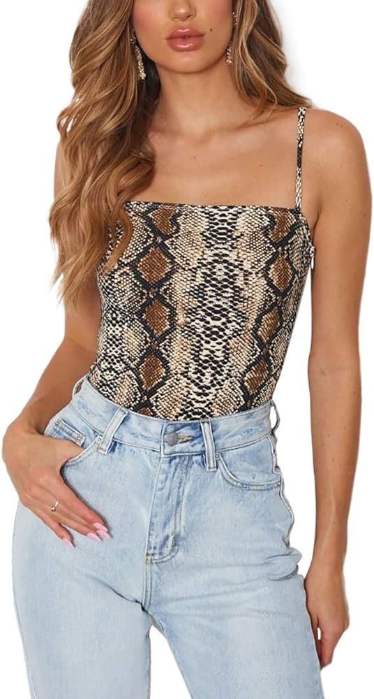 Queen.M Women's Sexy Bodysuit Leopard Spaghetti Strap Cami Leotard Top Sleeveless Bodycon Jumpsui... | Amazon (US)