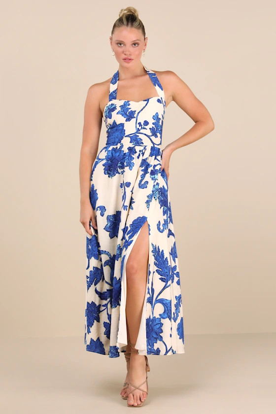 Layton Blue and Cream Floral Halter Maxi Dress | Lulus