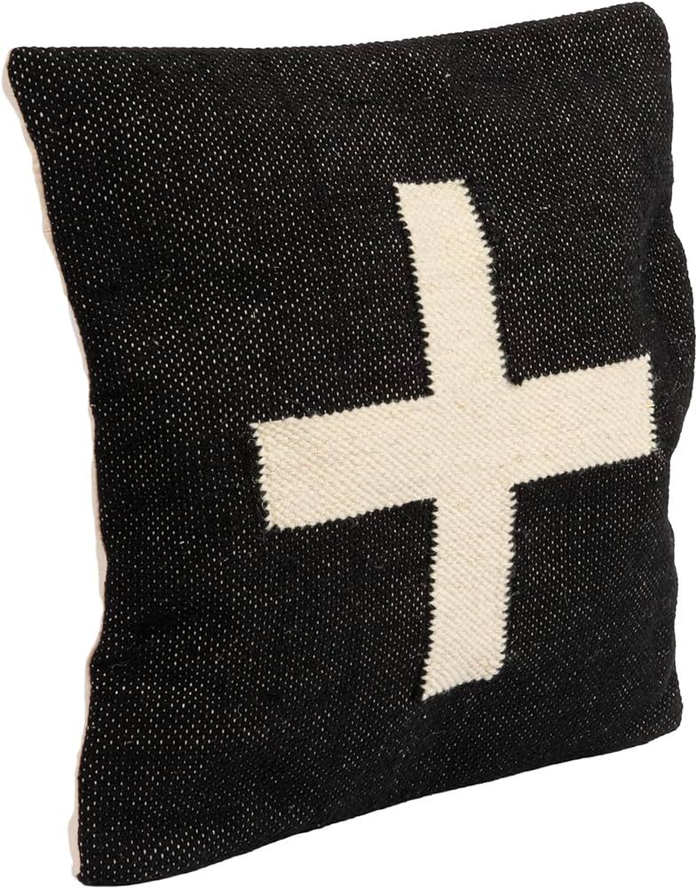 Creative Co-Op Wool Blend Swiss Cross Pillow, 20 inches, Black and Cream | Amazon (US)