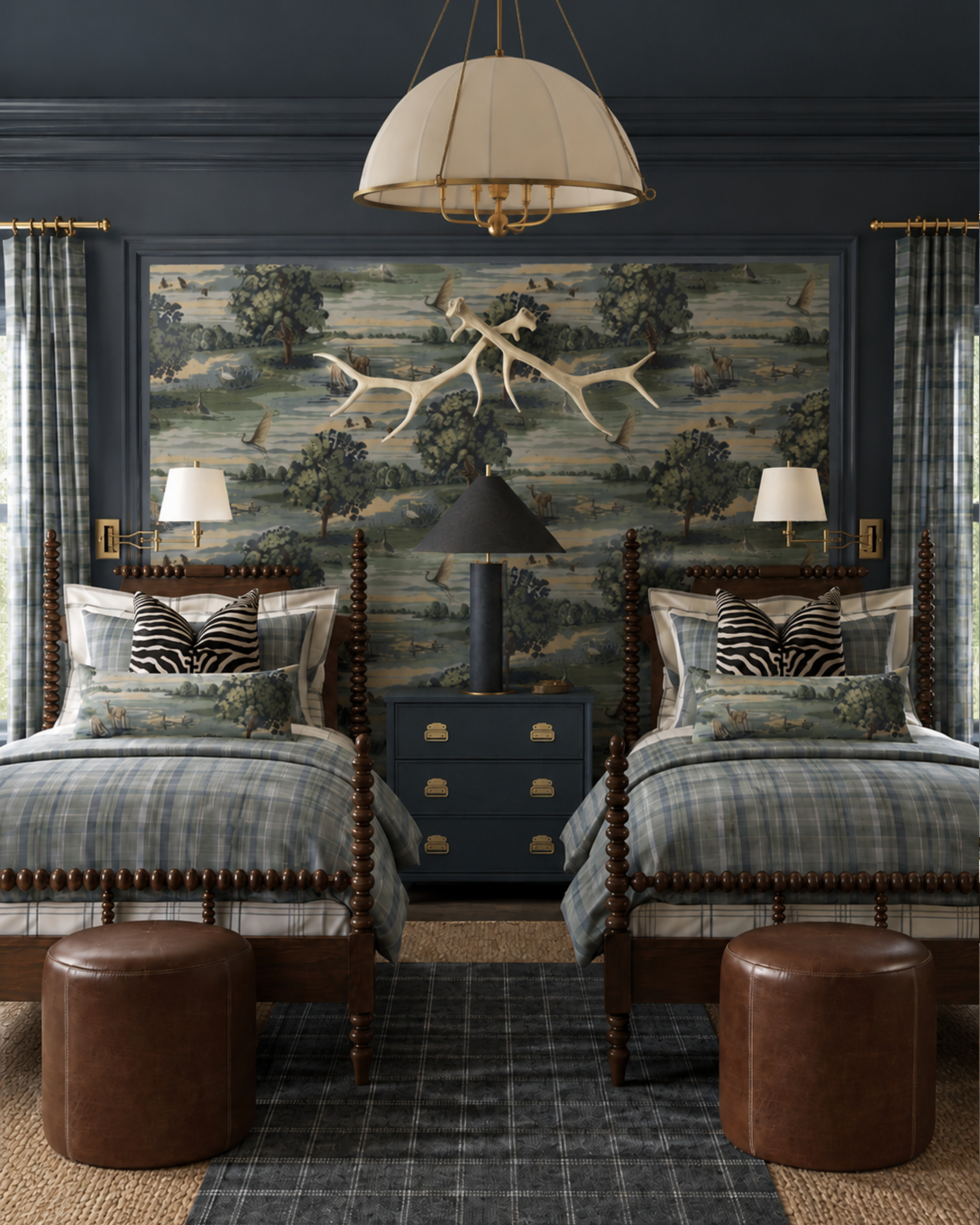 Moody twin bedroom moment with layered plaid, rich wood tones, brass accents, and the dreamiest scenic wallpaper. I love how the leather stools and zebra pillows add just enough contrast to keep it feeling collected and elevated.

#LTKHome #LTKFinds #BedroomDesign #TwinBedroom #MoodyInteriors #TraditionalHome #ClassicInteriors #WallpaperDecor #PlaidDecor #CollectedHome 

 #LTKHome