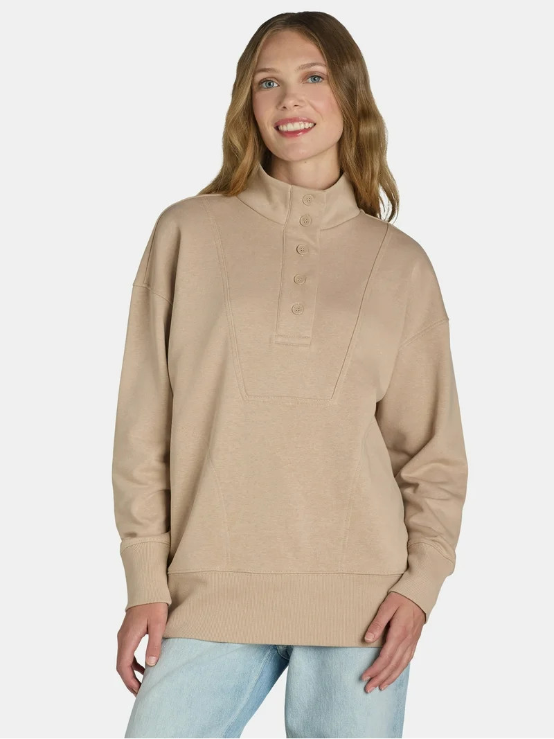 Time and Tru Women's Mock Neck Sweatshirt with Button Placket, Sizes XS-XXXL - Walmart.com | Walmart (US)