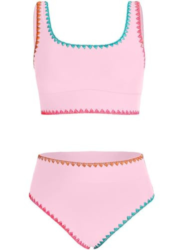 blibean Tween Girl Swimsuits Little Kids Girls Summer Swim Bathing Suits Teen Fashion Two Piece Bikini Boho Hawaii Swimwear Beach Sets Traje Baño Niñas Size 6-7 Year Old Pink | Amazon (US)