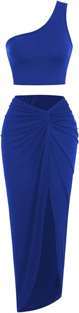 ZAFUL Women's Casual Sleeveless Summer Two Piece Outfits Crop Top and Side Split Draped Ruched Ma... | Amazon (US)