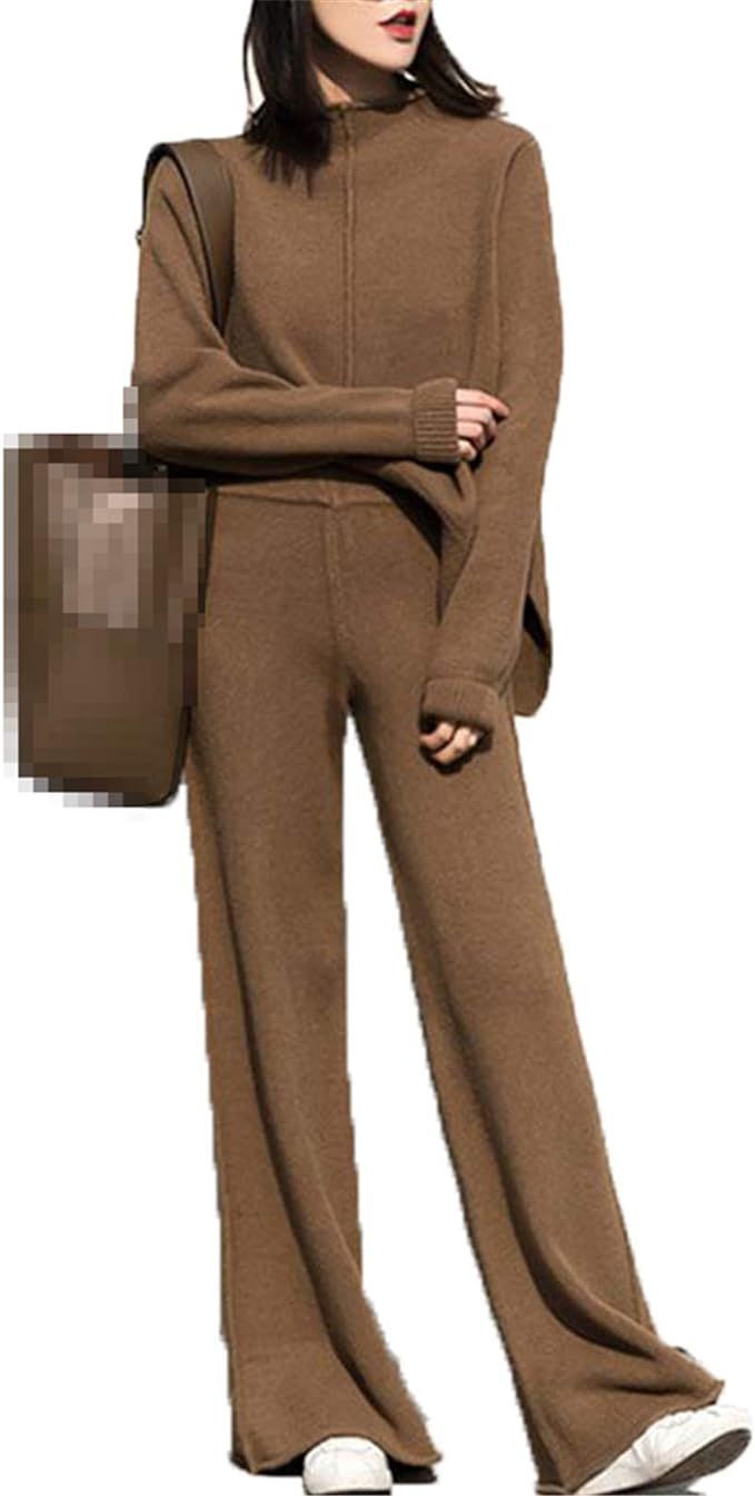 Womens Cashmere Two Piece Set Korean Casual Top and Long Pants Tracksuit Set | Amazon (US)