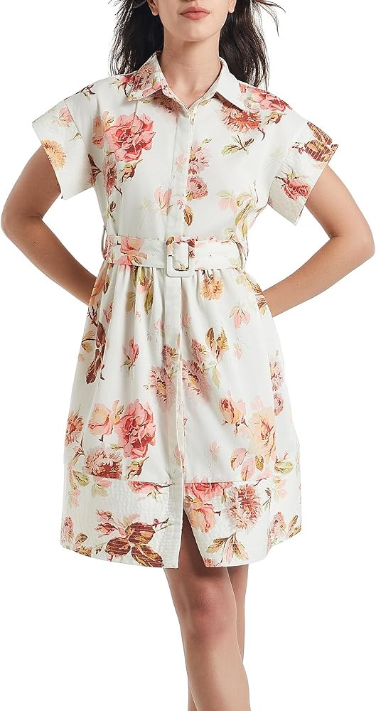 D-Sun Women Button Down Shirt Dress V-Neck Floral Printed Short Sleeve Mini Dress Casual Belted S... | Amazon (US)