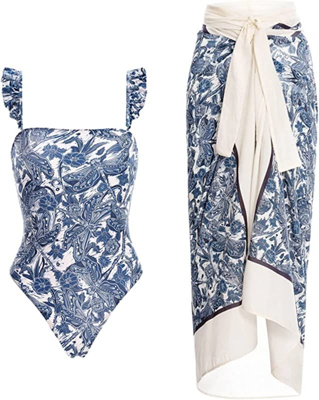 Kiosan Women's One Piece Swimsuit with Beach Cover Up Wrap Skirt Sarong Swimsuit Coverup Plus Siz... | Amazon (US)