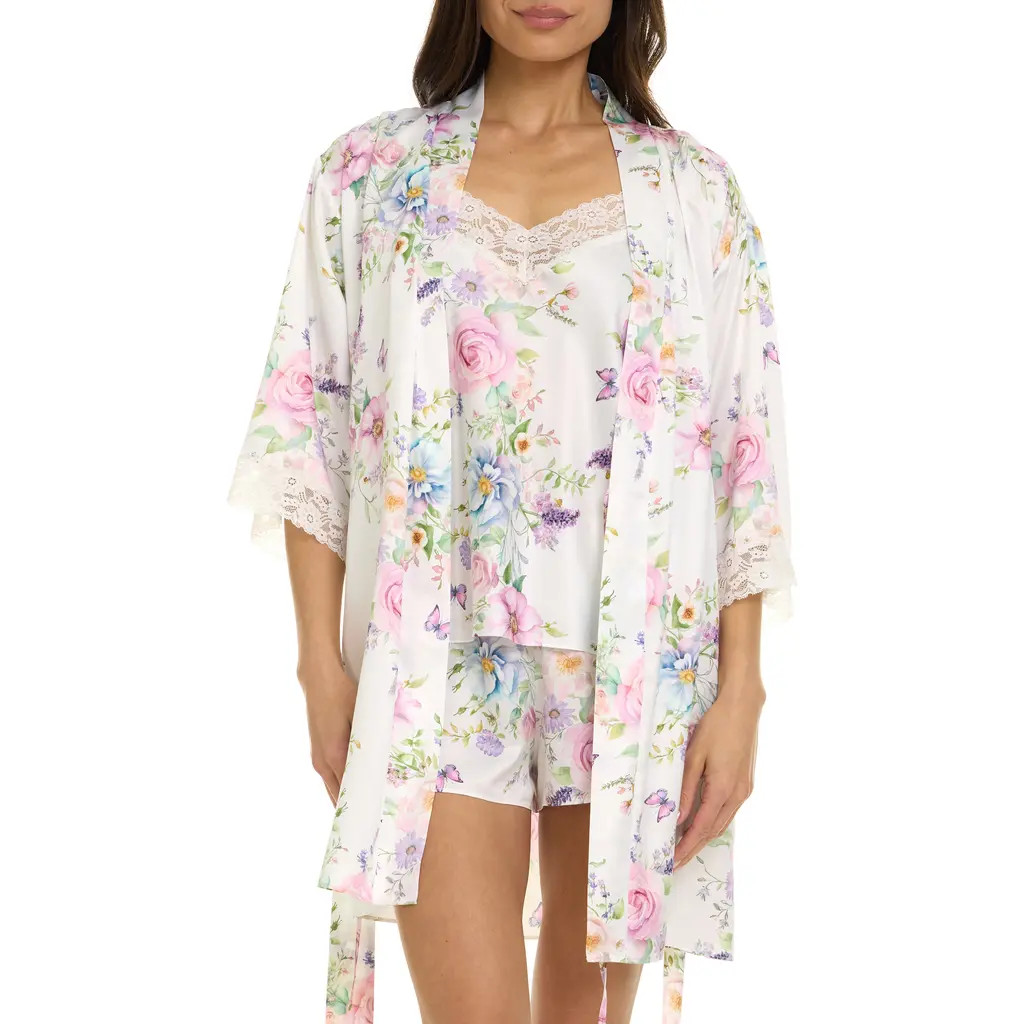 Flora Nikrooz Sabrina Floral Print Satin Short Pajamas & Robe Set in Pearl at Nordstrom, Size Small | Nordstrom