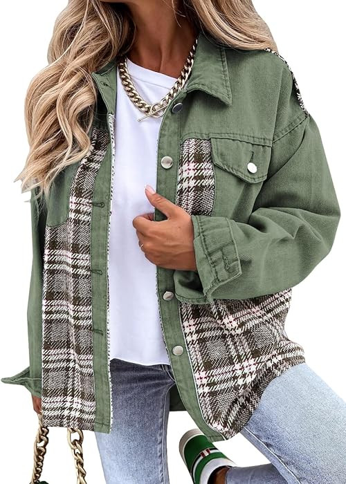 SHEWIN Womens Oversized Denim Jacket Casual Long Sleeve Button Down Plaid Shacket Boyfriend Jean ... | Amazon (US)