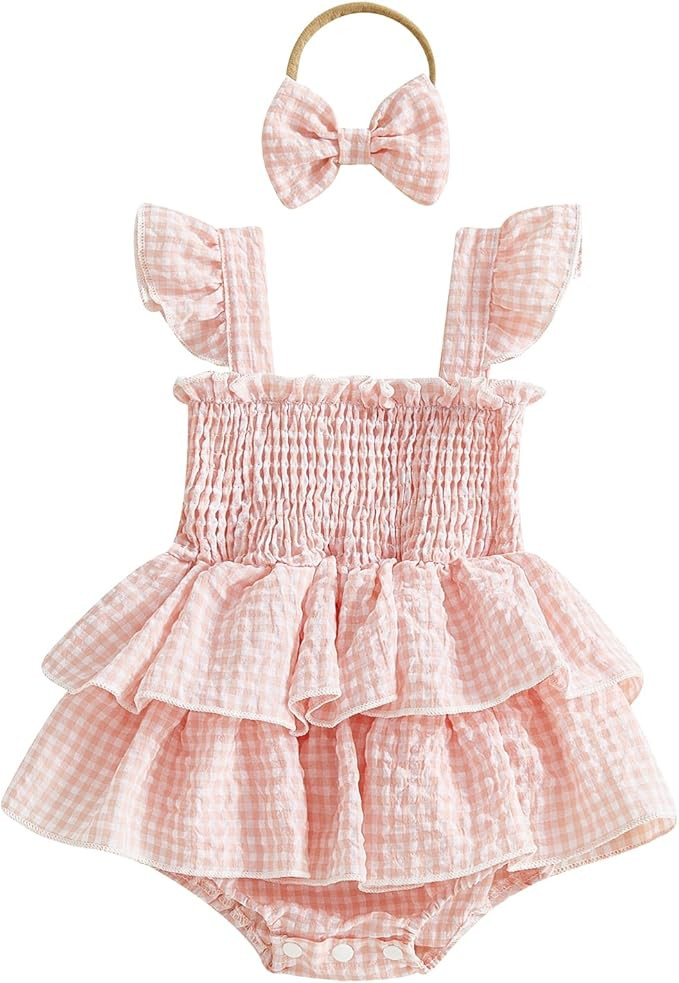 Douhoow Baby Girl Plaid Romper Flying Sleeve Ruffle Baby Dress Romper Infant Girl Summer Clothes ... | Amazon (US)