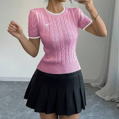 Ladies Bow Embroidery Knit Top, Minimalist Fashion Suitable For Summer | SHEIN
