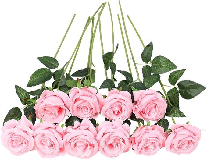 JUSTOYOU 10pcs Artificial Rose Silk Flower Blossom Bride Bouquet for Home Wedding Decor (Pink) | Amazon (US)
