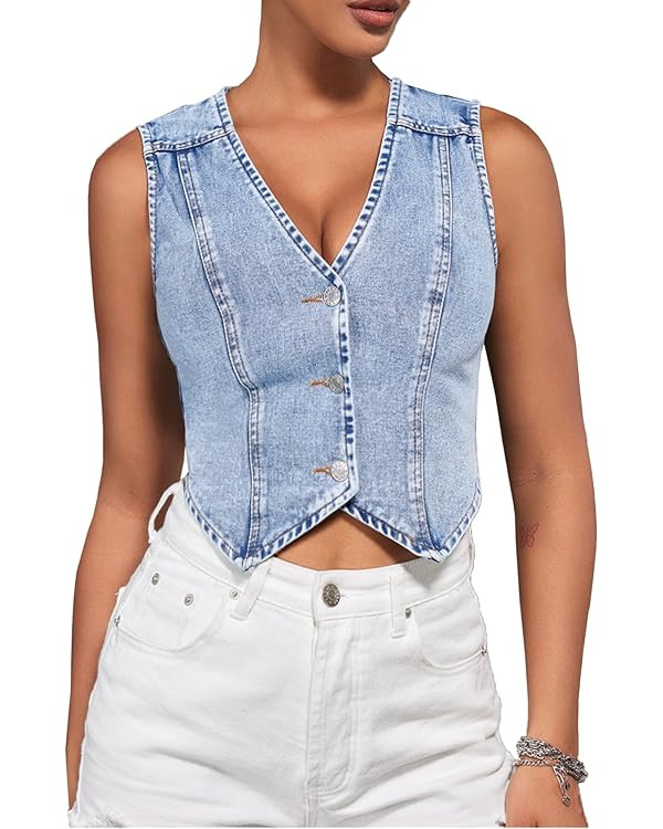 SHENHE Women's Denim Vest Button Down Sleeveless Jean Vest Top Y2K Cropped Denim Jacket Country F... | Amazon (US)