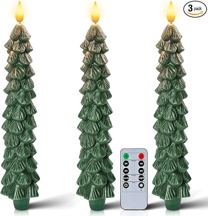 Homemory 3 Pcs Christmas Tree Candles with Remote, Waxy Flameless Taper Candles Flickering, Green... | Amazon (US)