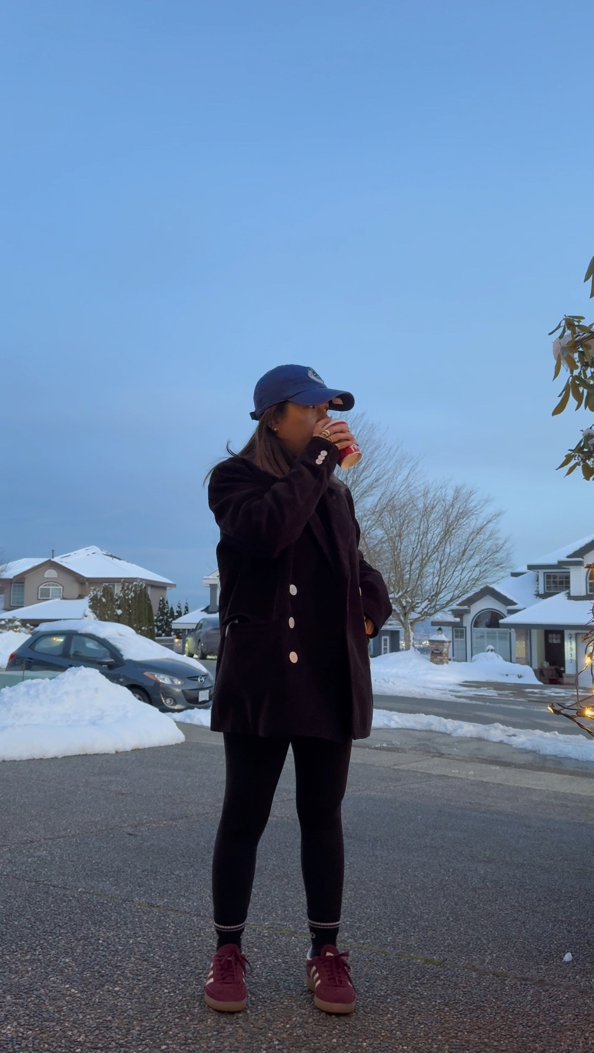 Morning coffee in the snow. Wearing my corduroy madewell blazer and so obsessed with it. Linking similar below.  

 #LTKwinter #LTKstyletip #LTKpetite