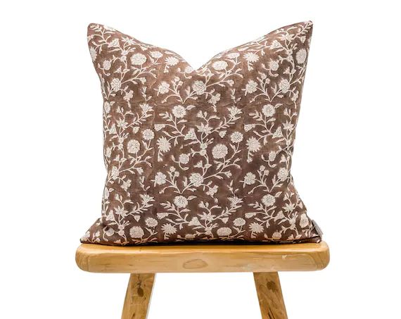 Designer Floral Terra cotta Brown on Natural Linen Pillow Cover, Brown Pillow cover, Boho Pillow,... | Etsy (US)