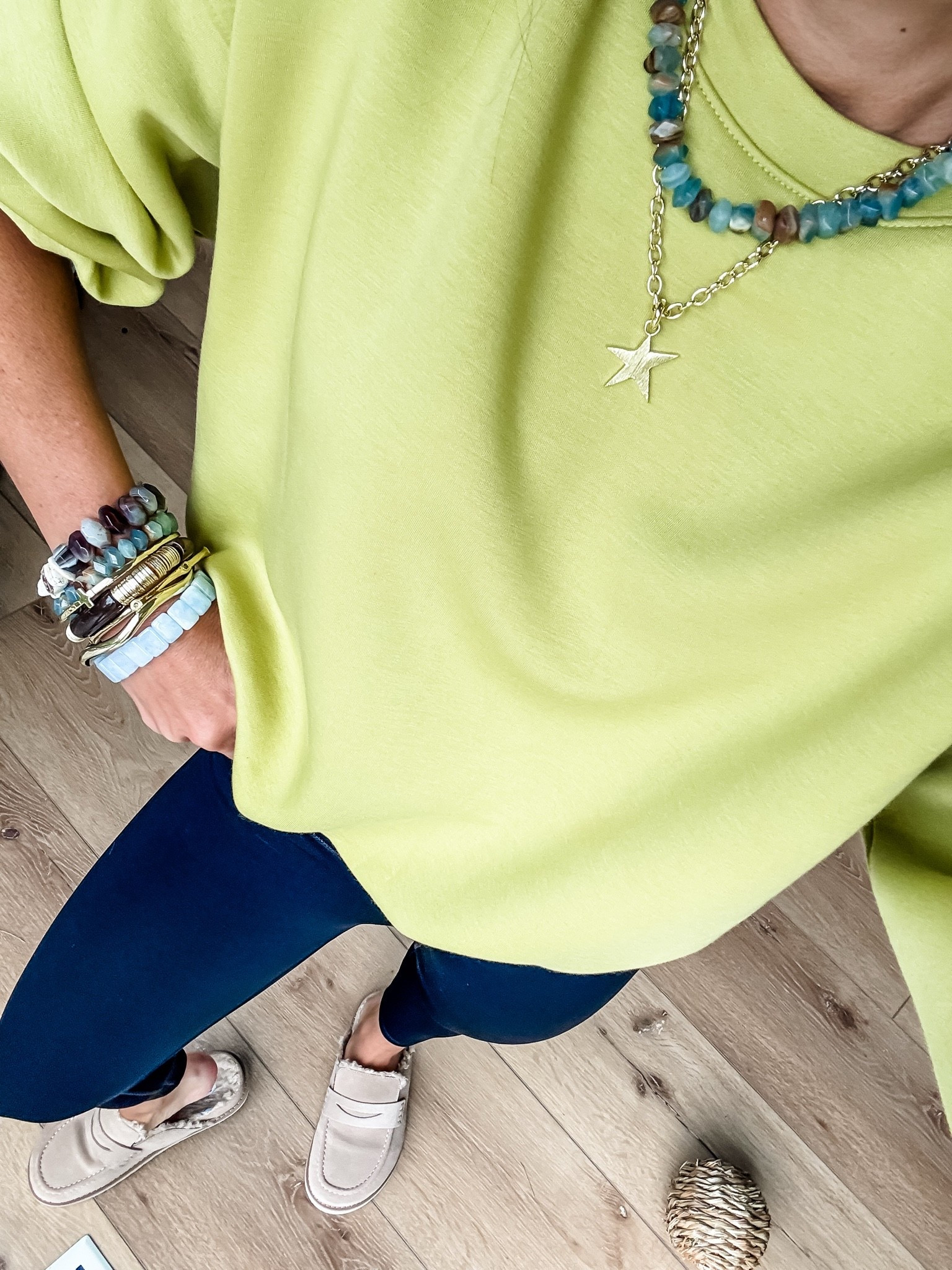 Small bubble hem sweatshirt. Clogs TTS. Jewelry will be released this Thursday.

#LTKSaleAlert #LTKOver40 #LTKPetite