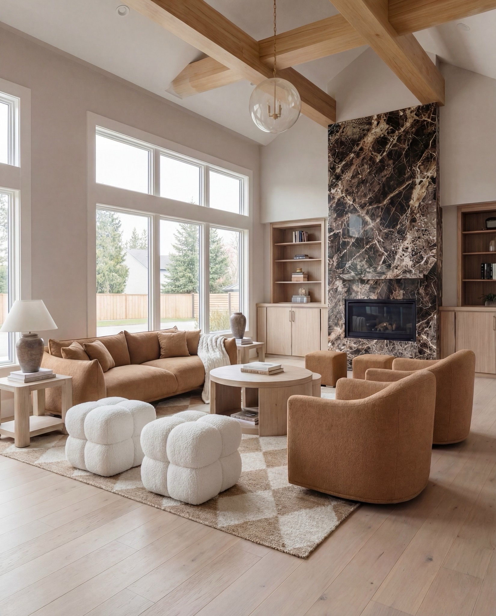 ✨ Shop the look:
Caramel boucle swivel chairs | Caramel curved sofa | Plush square boucle ottomans | Neutral diamond-pattern rug | Light natural wood nesting coffee tables | Stone-look ceramic vases | Light oak built-ins | Dramatic brown-veined marble fireplace | Exposed oak ceiling beams | Glass globe pendant . White boucle ottoman 

#LTKHome #LTKSaleAlert