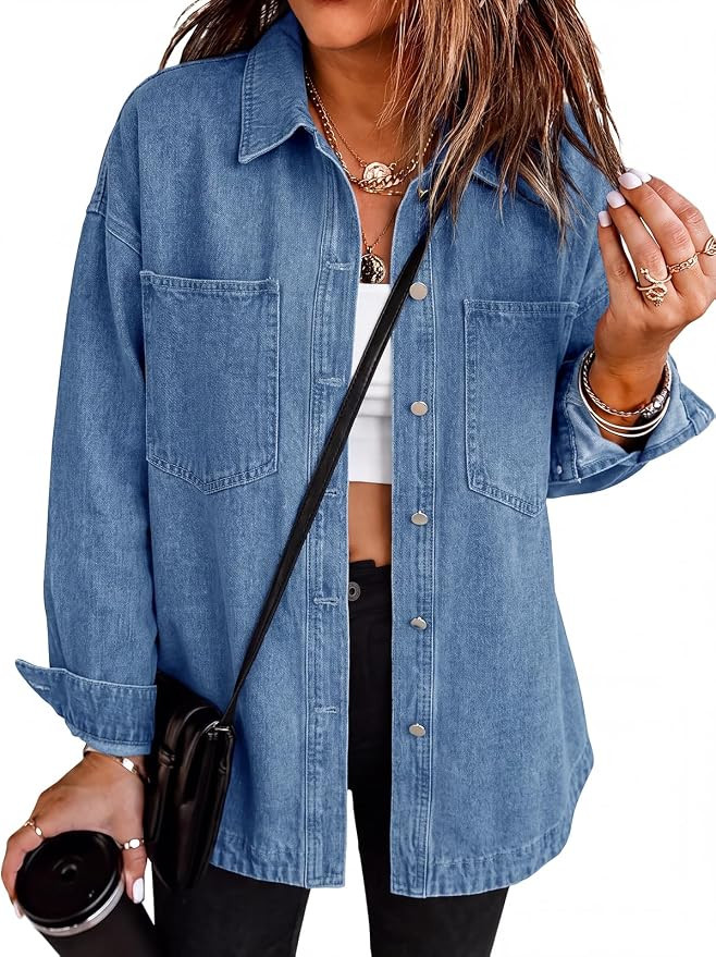 Tankaneo Womens Oversized Denim Shirt Jacket Button Down Fall Jean Shacket | Amazon (US)