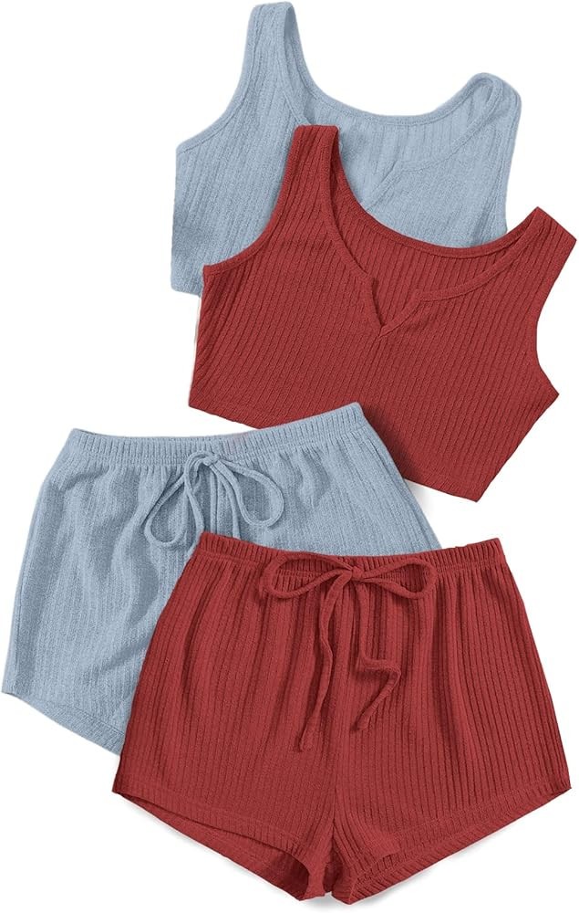 Milumia Women's 4 Pieces Ribbed Knit Crop Tank Top and Drawstring Waist Shorts Pajama Set Loungew... | Amazon (US)