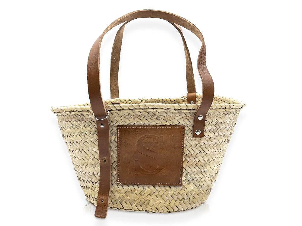 FRENCH BASKET Classic Customized Tan Leather Patch Straw Basket, Beach bag. Bridesmaid gifts, wic... | Amazon (US)