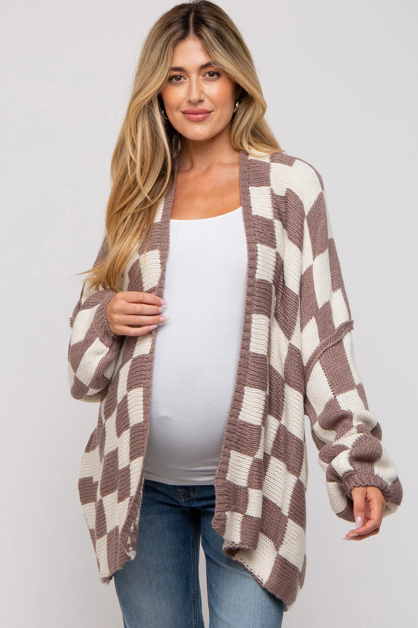 Taupe Checkered Print Oversized Maternity Cardigan | PinkBlush Maternity