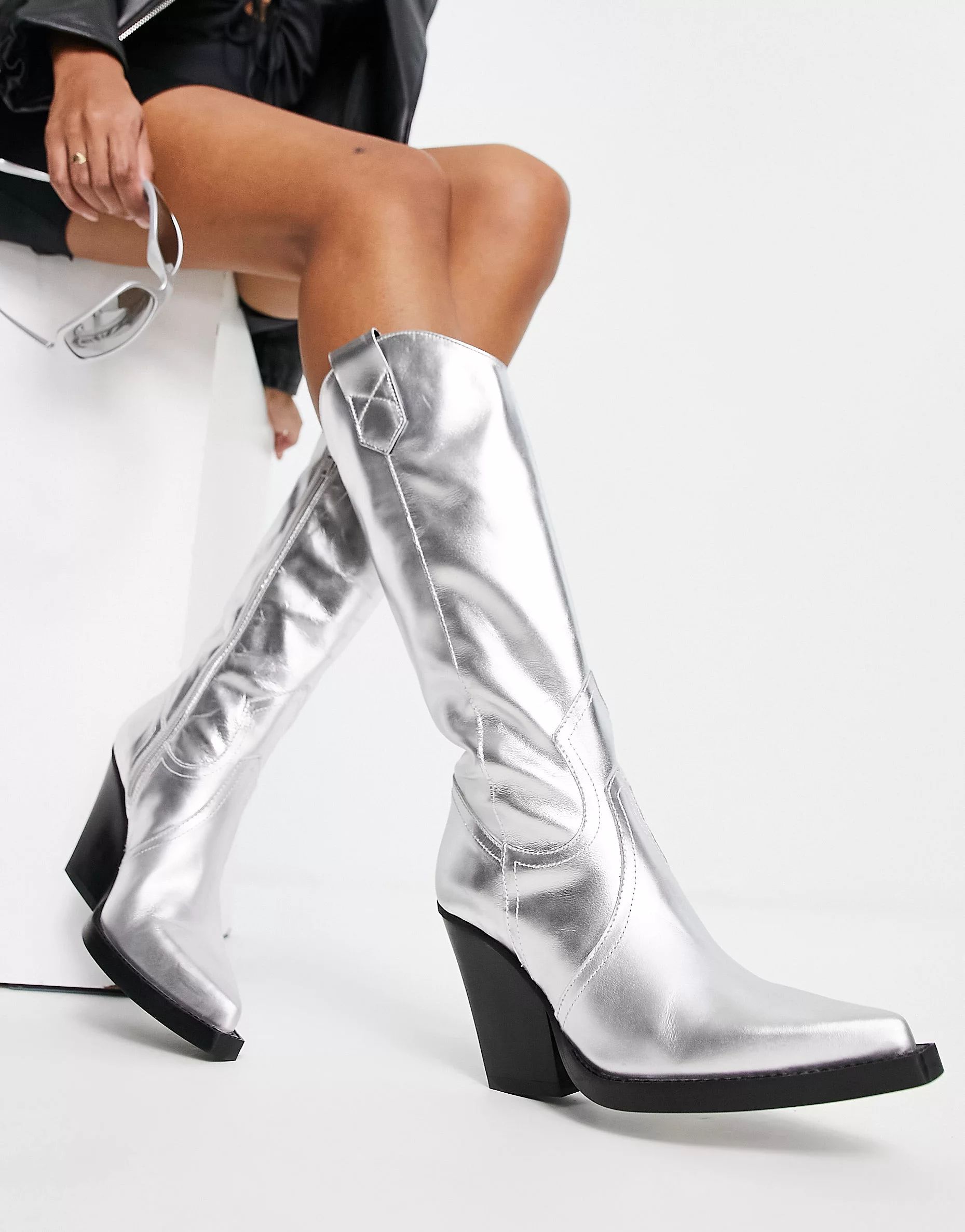 ASOS DESIGN Camouflage premium leather western knee boots in silver | ASOS (Global)