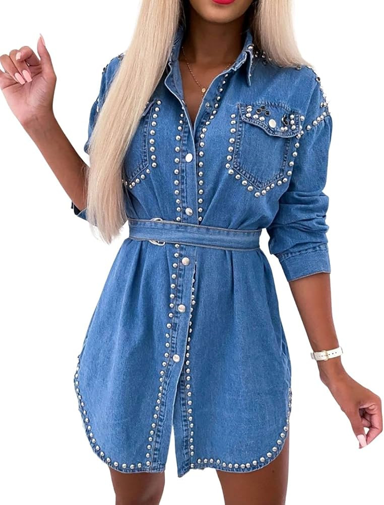 Kwoki Women's Embroidered Pearls Beading Denim Dress Casual Long Sleeve Rivet Studded Jean Coat | Amazon (US)