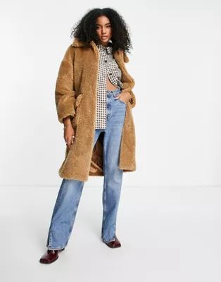 Topshop long teddy coat in brown | ASOS (Global)