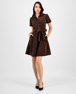 Robbie Bee Petite Short-Sleeve Button-Front Corduroy Shirtdress - Macy's | Macy's