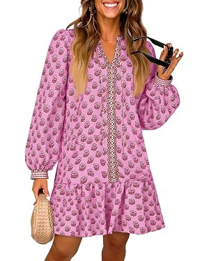 Wenrine Womens Long Sleeve Casual Mini Dress Floral V Neck Ruffle Loose Fall Boho Babydoll Dresse... | Amazon (US)