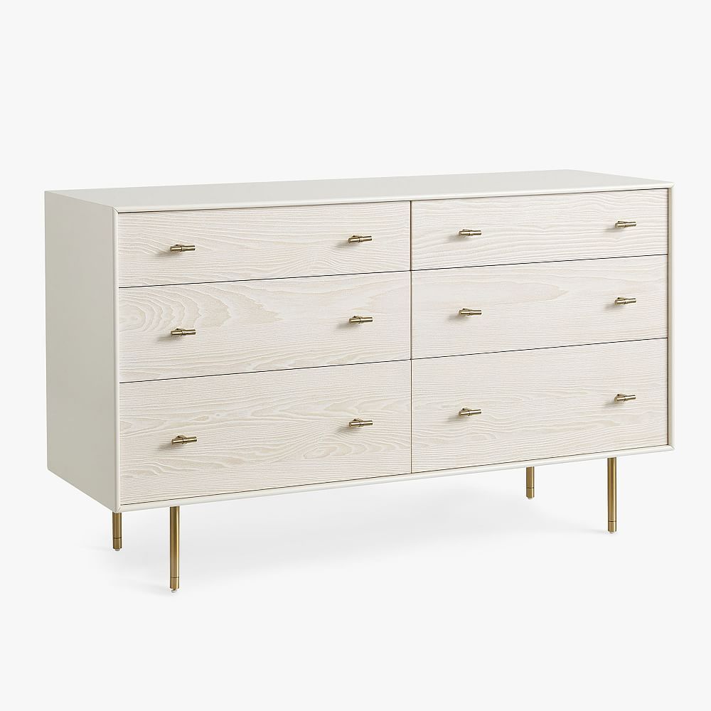 west elm x pbt Modernist 6-Drawer Wide Dresser, White/Wintered Wood | Pottery Barn Teen