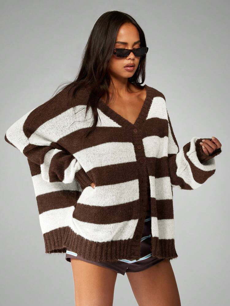 MISSGUIDED Oversized Button Front Cardigan With V Neck And Horizontal Stripes For Fall Winter Layering Knit Sweater | SHEIN