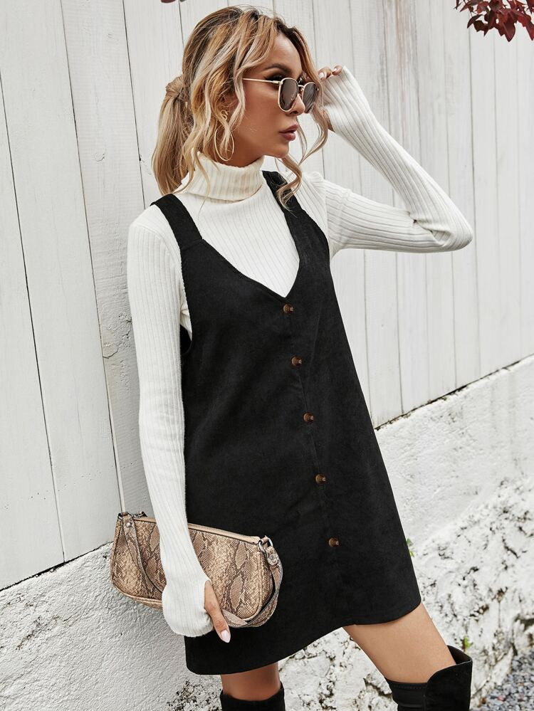 Solid Button Front Corduroy Overall Dress | SHEIN