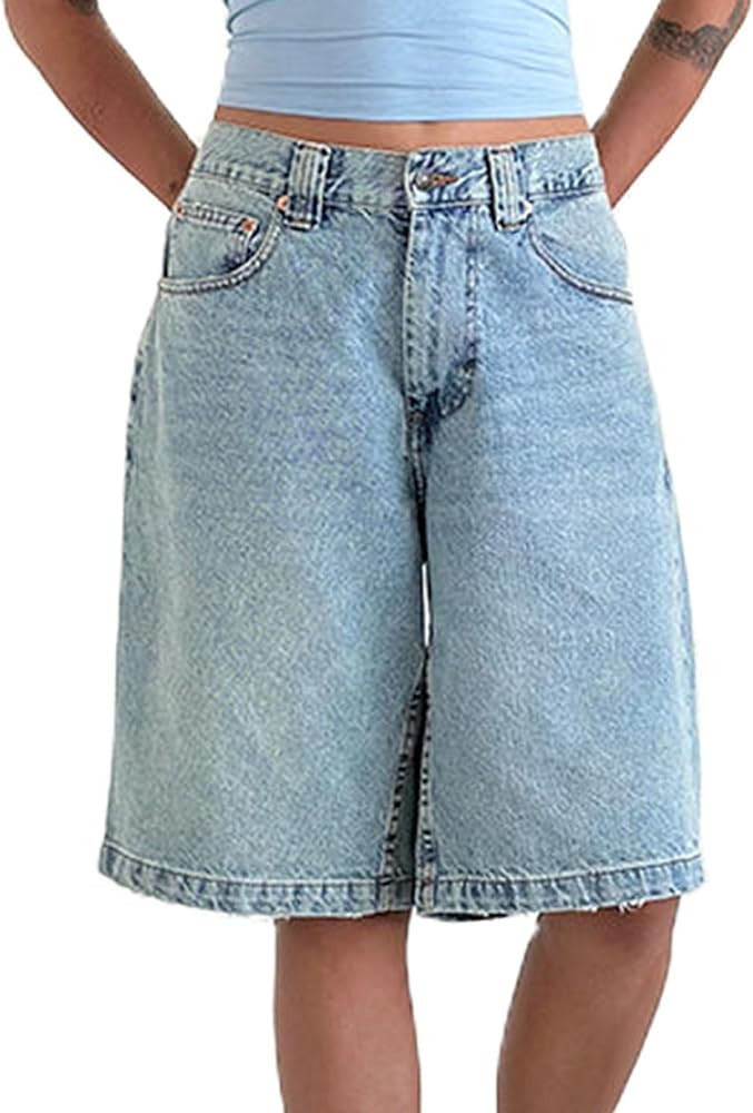 NUFIWI Women Baggy Denim Bermuda Shorts Y2k Vintage Straight Leg Denim Shorts Casual Knee Length ... | Amazon (US)
