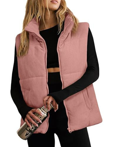 TUREAU Womens Corduroy Cropped Puffer Vest Stand collar Zip Up Sleeveless Jackets Lightweight Trendy Coats with Pockets(XL,Pink) | Amazon (US)