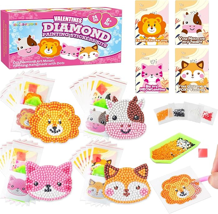 24 Pack Kid's Valentine's Day Cards with 5D Diamond Sticker Kits For Kids, Painting Craft Gift fo... | Amazon (US)