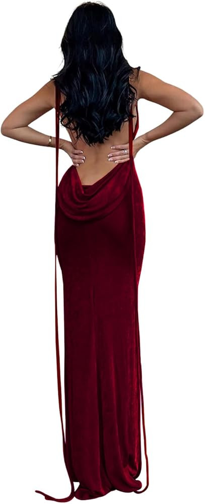 Slip Bodycon Dresses for Women Spaghetti Strap Lace Up Backless Cowl Neck Maxi Mermaid Cocktail P... | Amazon (US)