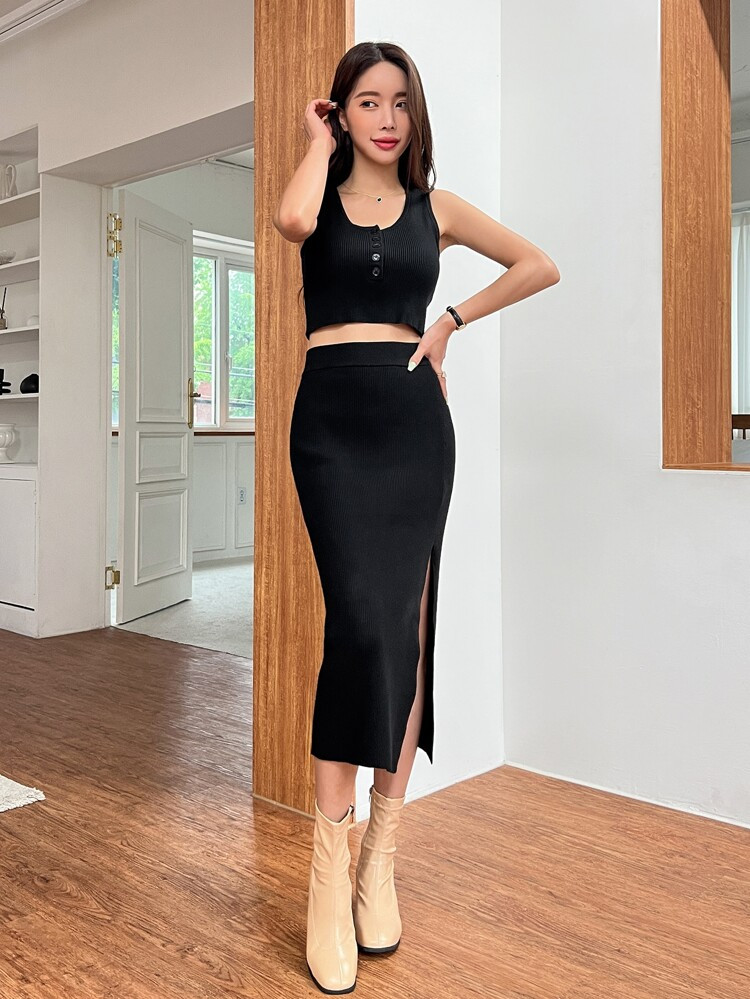 DAZY Half Button Knit Top & Split Thigh Knit Skirt | SHEIN