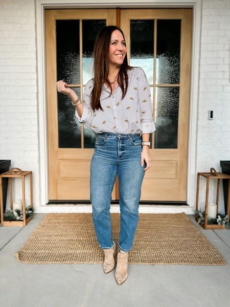 Linking some similar tops. This one j found in store at TjMaxx so maybe you could get lucky too! 
Jeans -tts
Booties-tts and linking similar

#LTKunder100 #LTKunder50