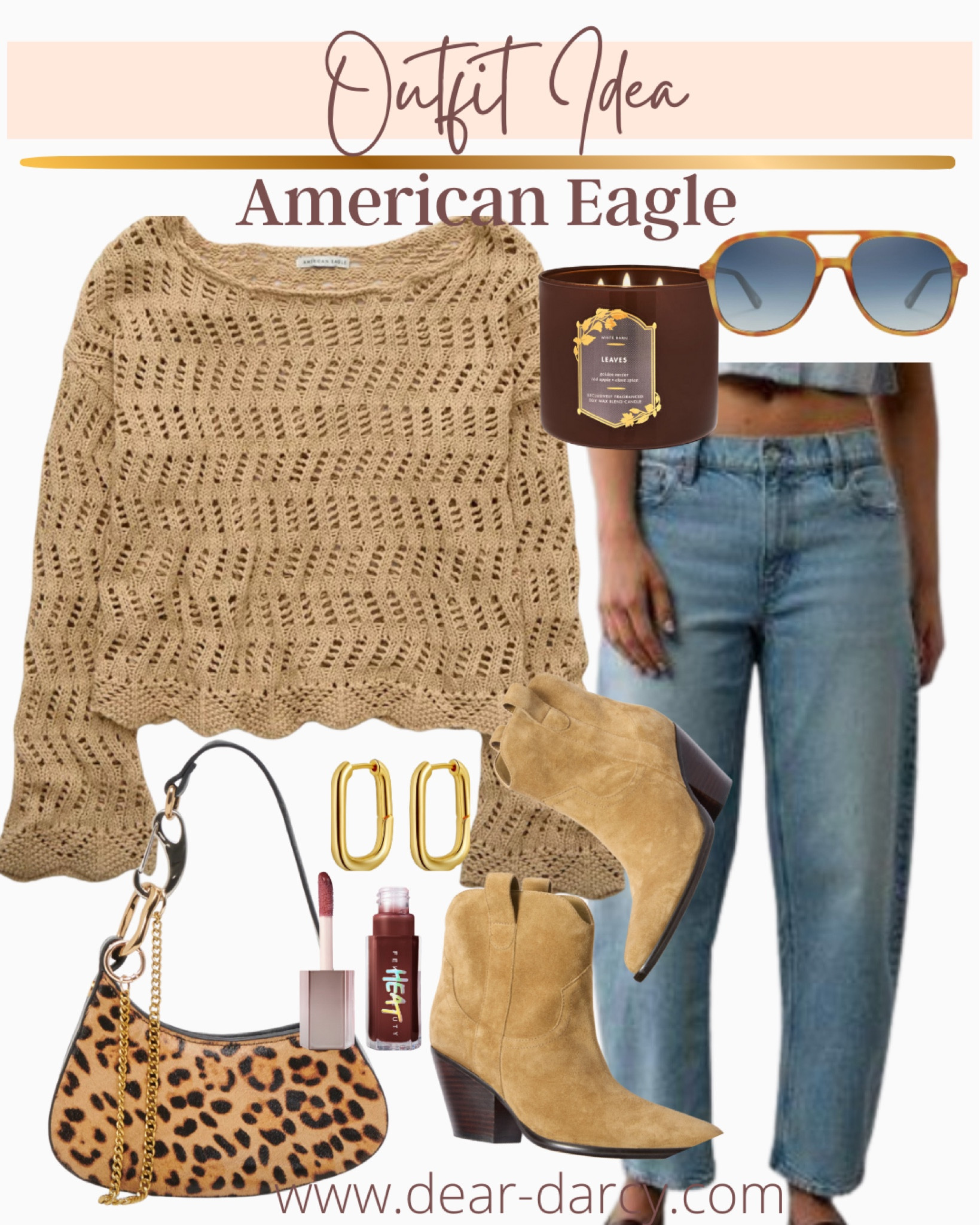 American Eagle outfit idea✔️

Perfect Fall transition 🍂

American Eagle Jeans are always so good and get great reviews! TTS 

Crochet is Hot Hot Hot for Fall and this sweater is so cute perfect fall staple piece. TTS 

You know I love a little western and these booties are so good! I have in a chestnut color. TTS 

Amazon find great sunnies

Perfect gold rectangle hoops 

Fun bag I need to own cones in solids and leopard 

My favorite fall candle leaves  by bath and body works 

#LTKFindsUnder50 #LTKFallSale #LTKStyleTip