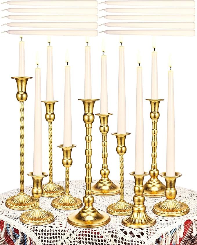 Suclain 24 Pcs Gold Candlestick Holders and Taper Candles Set 12 Vintage Taper Candle Holders wit... | Amazon (US)