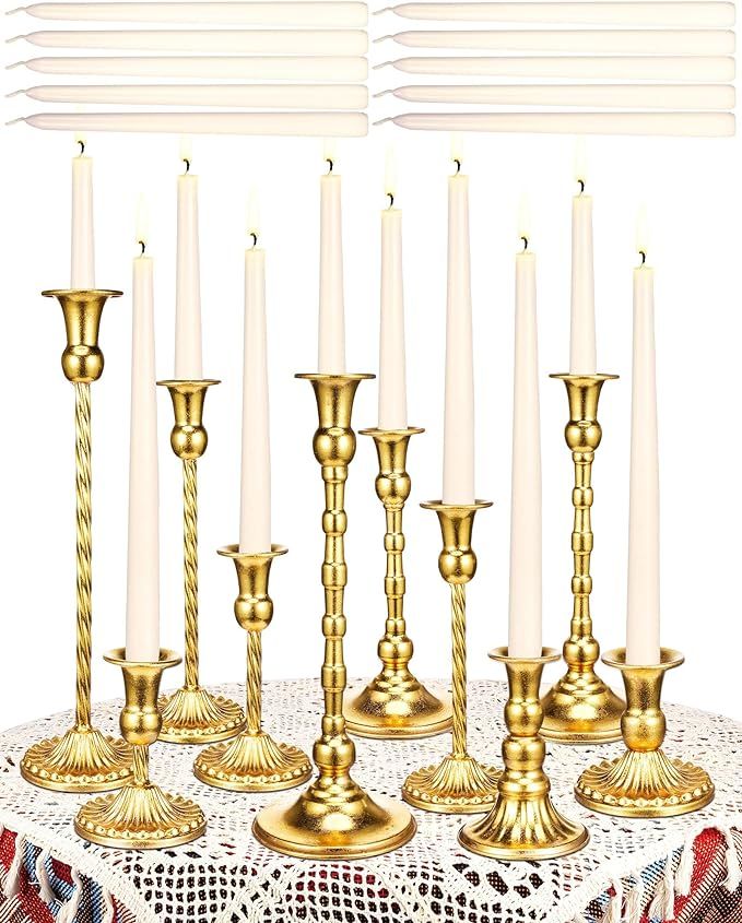 Suclain 24 Pcs Gold Candlestick Holders and Taper Candles Set 12 Vintage Taper Candle Holders wit... | Amazon (US)