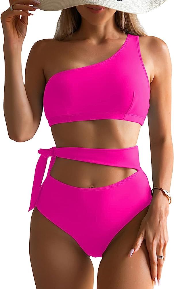 Eomenie Women Two Piece One Shoulder Bathing Suit Tie Side High Waist Tummy Control Swimsuit 2 Piece | Amazon (US)