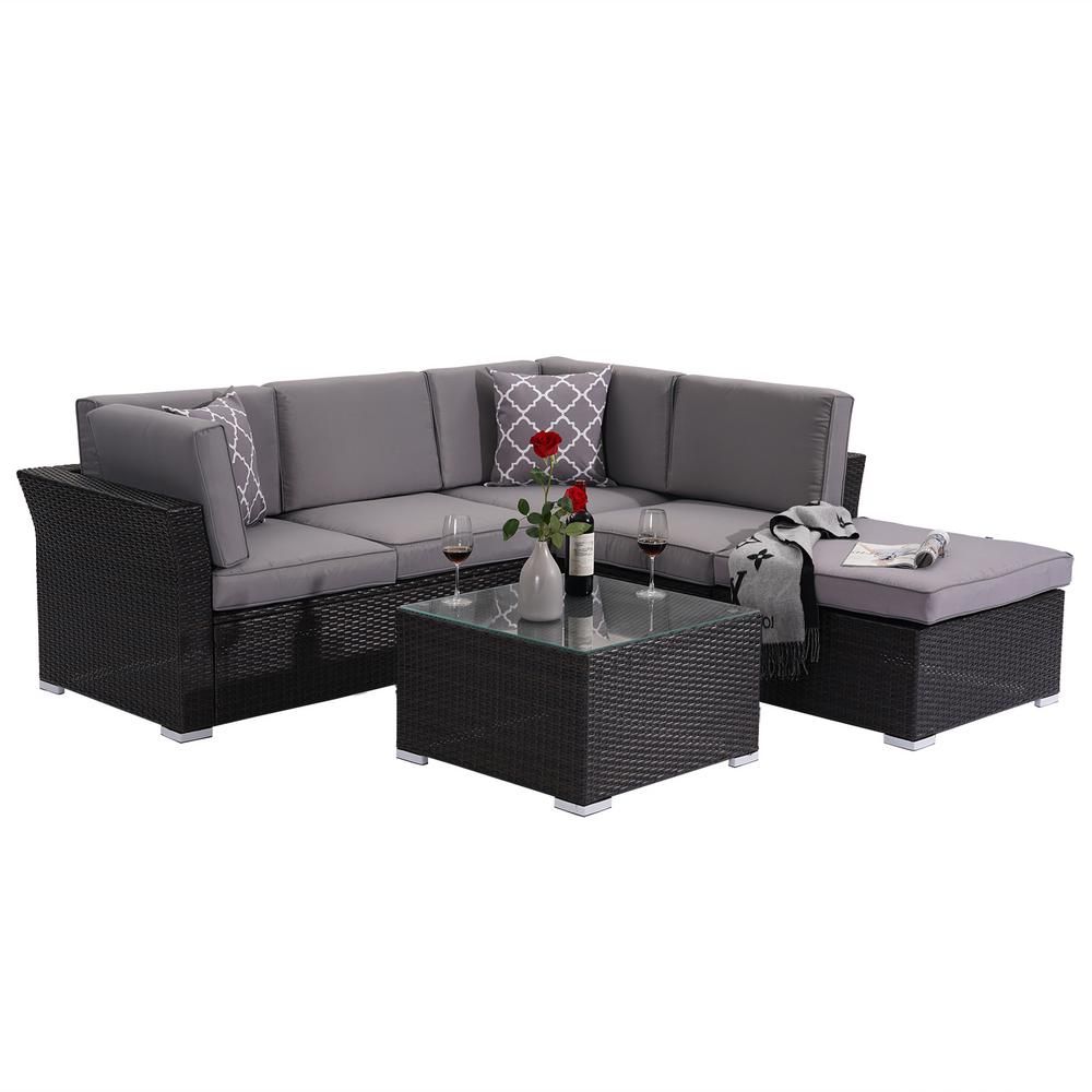 CASAINC 4-Pieces Wicker Rattan Outdoor Sofa Patio Conversation Set with CushionGuard Gray Cushions | The Home Depot