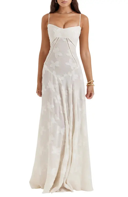 HOUSE OF CB Seren Blush Sheer Lace-Up Back Gown in Vintage Cream at Nordstrom, Size Large A | Nordstrom