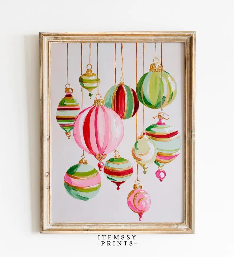 Colorful Christmas Ornaments Watercolor Art Print | Holiday Baubles Wall Decor | Festive Hanging ... | Etsy (US)