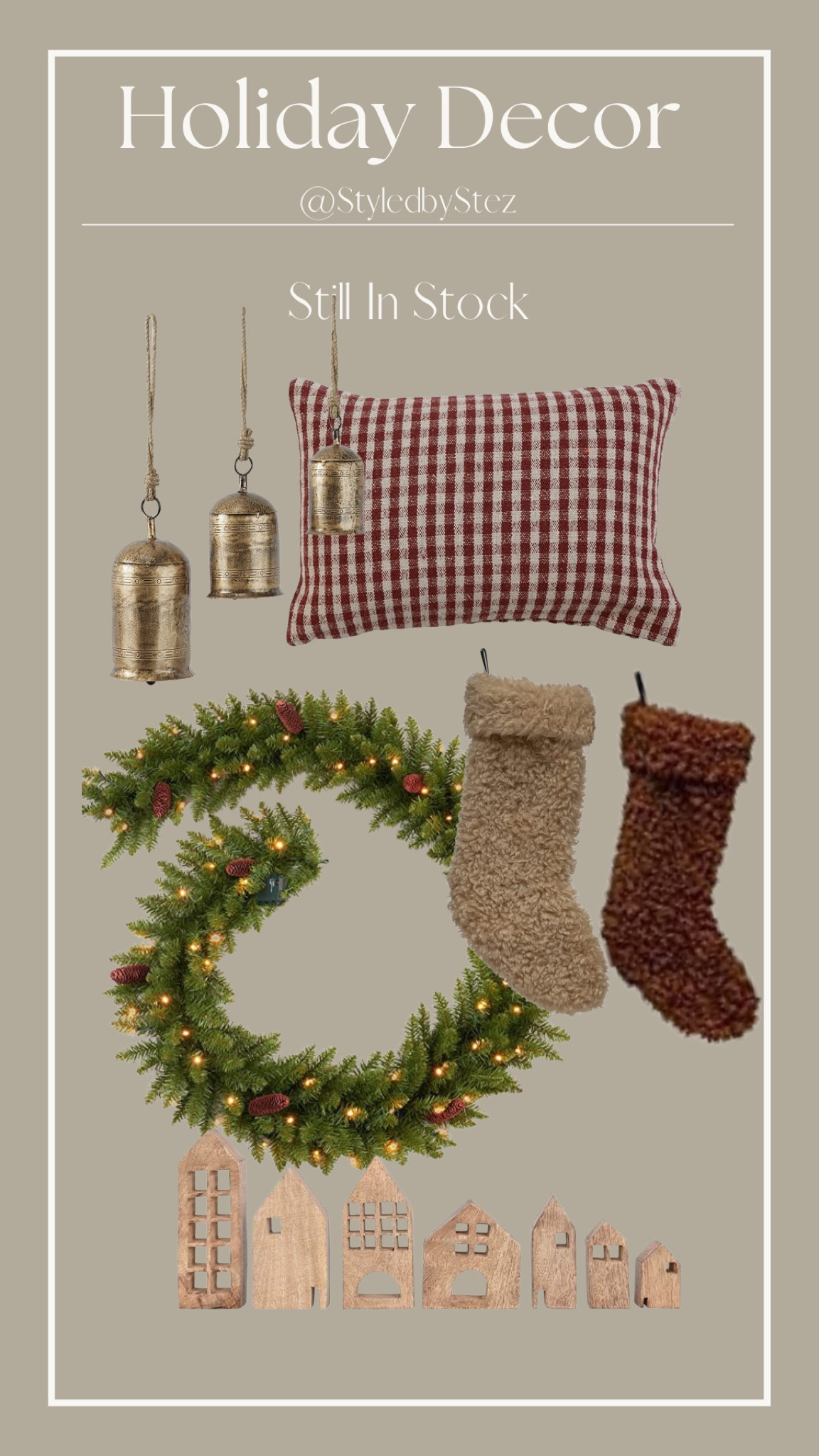 Amazon holiday decor, Christmas decor, gold bells, Sherpa stockings, gingham pillow, garland, wooden Christmas village

#LTKSeasonal #LTKHoliday #LTKhome