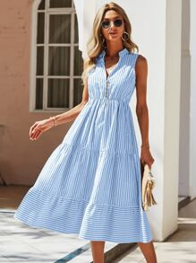 Striped Print Notched Neck A-line Dress SKU: swdress23210527465(1000+ Reviews)$17.00Make 4 paymen... | SHEIN